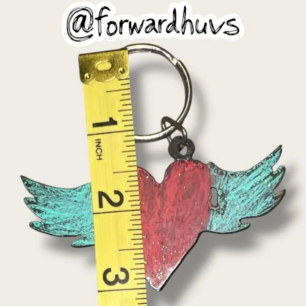 Handmade Copper Winged Heart Keychain Red Turquoise Patina Folk Art